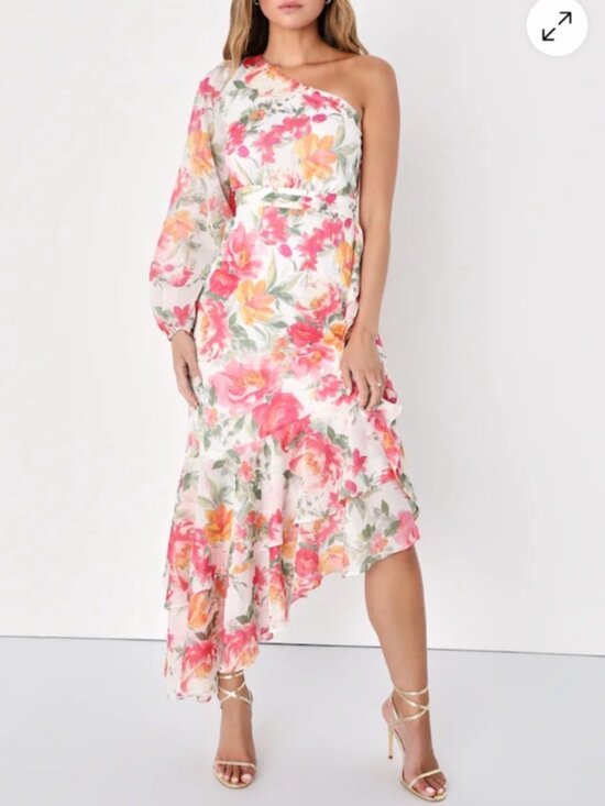 Lulus Dresses & Skirts - Lulu's Graceful Essence Long Sleeve Asymmetric Hem Dress, LARGE, WHITE FLORAL